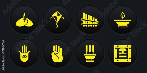 Set Hamsa hand, Aroma lamp, Indian symbol, Incense sticks, Pan flute, Kite, constitution day and headgear turban icon. Vector
