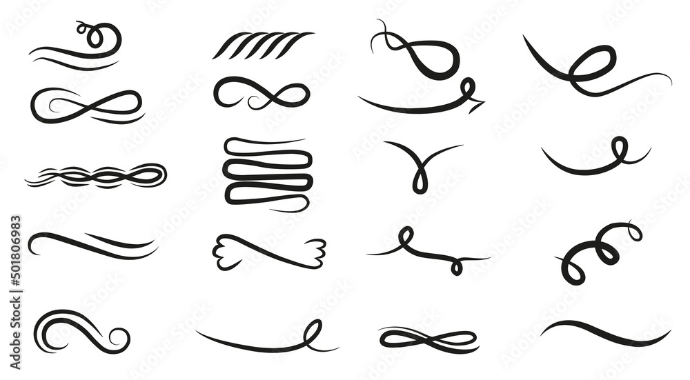 Hand drawn collection of curly swishes, swashes, swoops. Calligraphy swirl. Highlight text elements. Vector illustration. Hand drawn collection of curly swishes, swashes, swoops. Calligraphy swirl. Highlight text elements. Vector illustration.