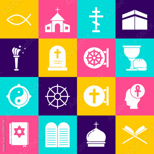 Set Holy book of Koran, Cross ankh, grail chalice, Christian cross, Tombstone with, Aspergillum, fish and Dharma wheel icon. Vector