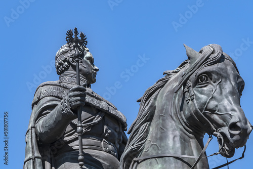 Equestrian monument of Kaiser Friedrich Wilhelm III, King of Prussia at Heumarkt square. Cologne, North Rhine Westphalia, Germany.