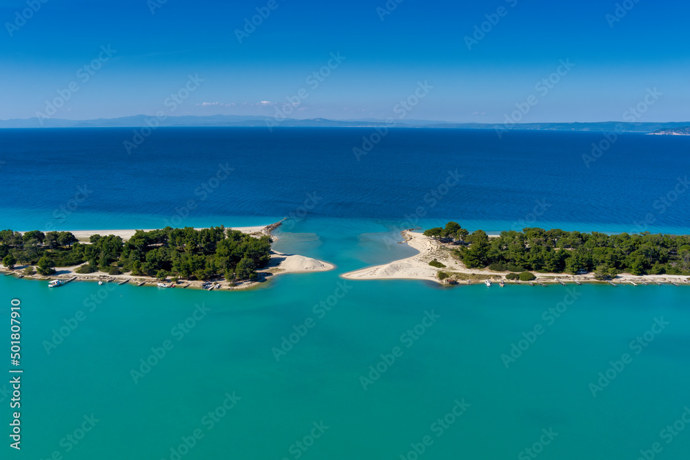 Aerial view of Glarokavos beach in Kassandra peninsula. Chalkidiki, Greece