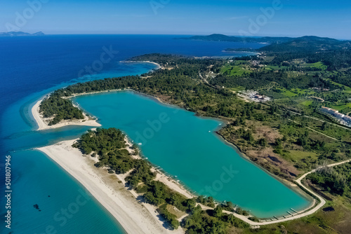 Aerial view of Glarokavos beach in Kassandra peninsula. Chalkidiki, Greece