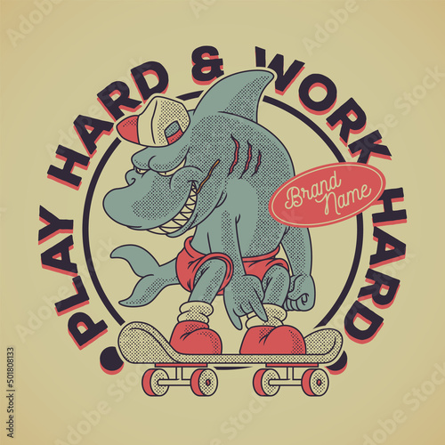 Cartoon emblem of shark riding a skateboard