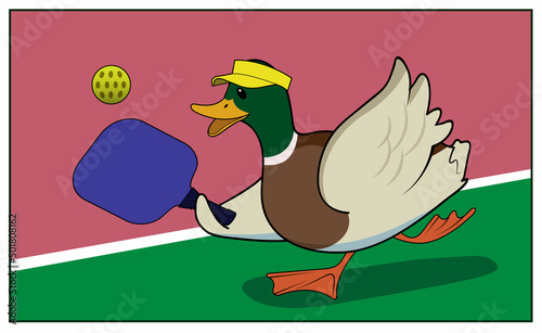 A cartoon duck plays pickle ball.