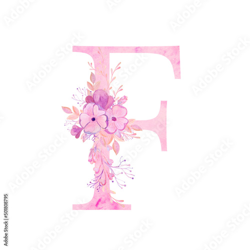 Pink letters with flowers. Romantic, delicate watercolor font. Wedding clipart on a white background.