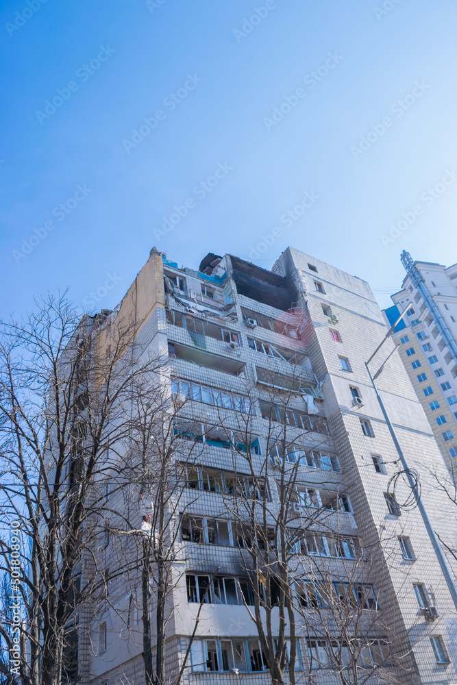 Damaged multi-storey building in Kyiv, the consequences of Russian missile attacks in the capital of Ukraine. War and aggression of Russia against Ukraine.