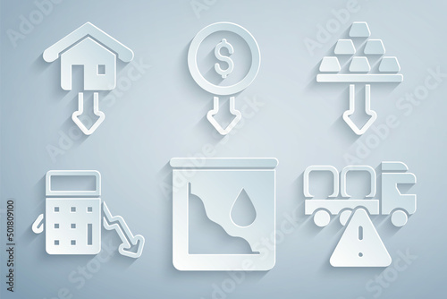 Set Drop in crude oil price, Gold bars, Calculation of expenses, Stop delivery cargo truck, Dollar rate decrease and Falling property prices icon. Vector