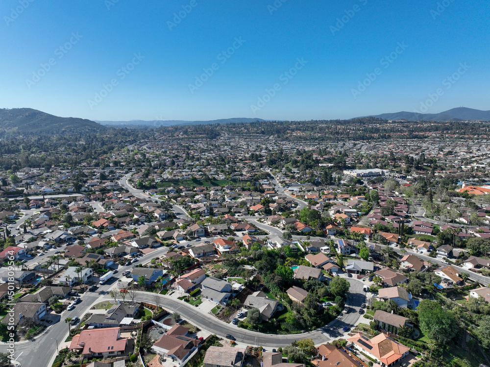 Aerial view of middle class neighborhood with villas in South California, USA
