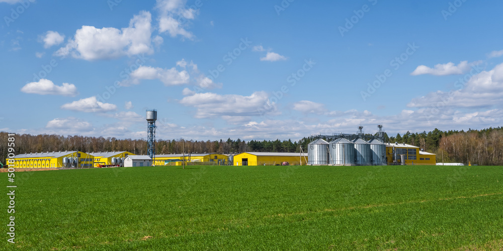 panorama view on agro silos granary elevator on agro-processing manufacturing plant for processing drying cleaning and storage of agricultural products, flour, cereals and grain. panorama view on agro silos granary elevator on agro-processing manufacturing plant for processing drying cleaning and storage of agricultural products, flour, cereals and grain.