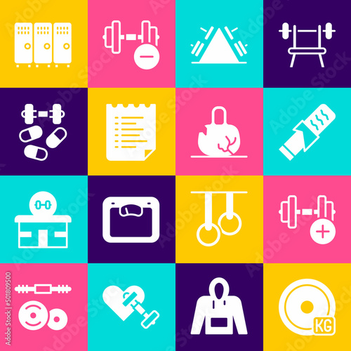 Set Weight plate, Dumbbell, Protein sport bar, Metal rack with weight, Sport training program, Sports doping dumbbell, Locker changing room and Broken icon. Vector