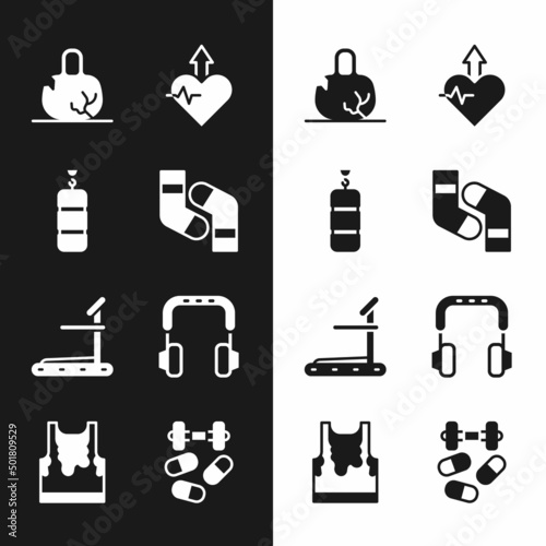 Set Socks, Punching bag, Broken weight, Heartbeat increase, Treadmill machine, Headphones, Sports doping with dumbbell and Sweaty sleeveless t-shirt icon. Vector
