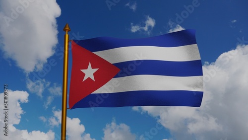 Canvas Print National flag of Cuba waving 3D Render with flagpole and blue sky, Bandera de Cu