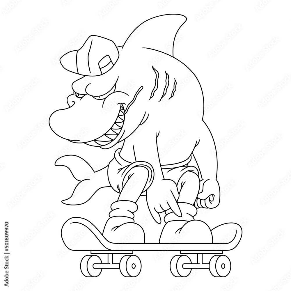 Obraz premium Coloring illustration of cartoon shark riding a skateboard