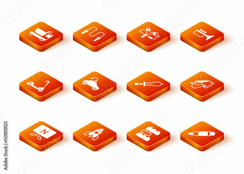 Set Smart Tv, Rocket ship toy, Roller scooter, Radio controlled car, Toy building block bricks, Sword, Pencil with eraser and horse icon. Vector