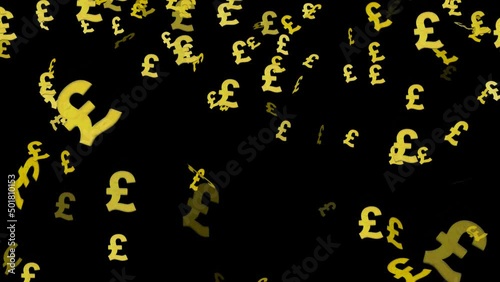 Golden pound badges pouring down on a black background