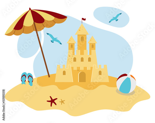 Sandcastle On The Beach Concept Summer Vector Illustration In Flat Style