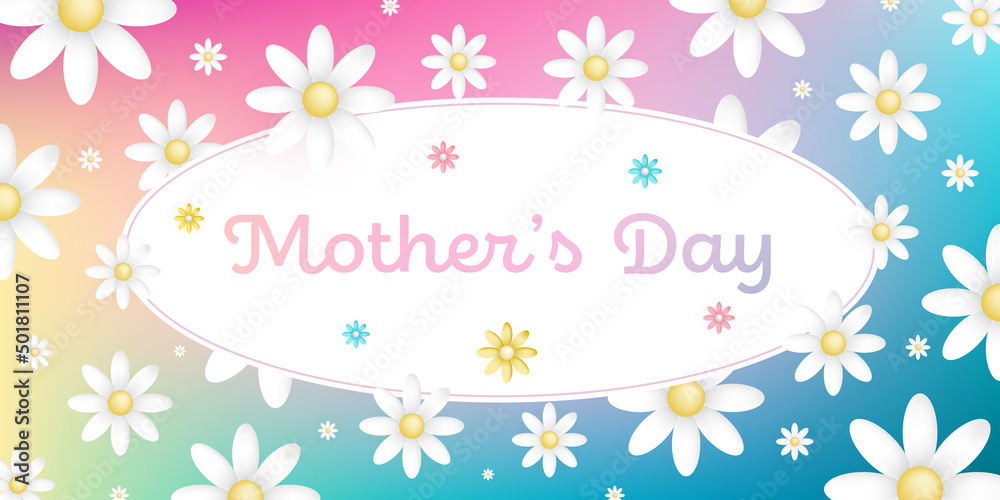Text : Mother’s day, on an white oval frame with white blossoms on colorful background