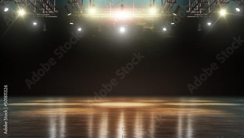 laminate flooring. Stage with spotlights. Empty beautiful background. Isolated. For product demonstration or mockup. 3d