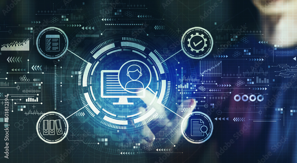 Document management system concept with young man touching a digital screen at night Document management system concept with young man touching a digital screen at night