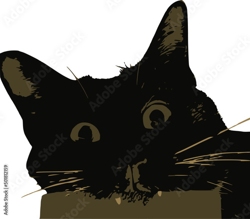 Vector image of a mad black cat biting an object with wide open eyes and protruding teeth. 2 colors on transparent background.