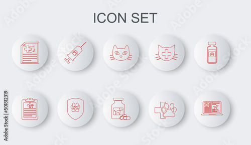 Set line Clinical record dog on laptop, pet, Cat, Veterinary clinic, Medical certificate for cat, Syringe with vaccine, Animal health insurance and Dog medicine bottle and pills icon. Vector