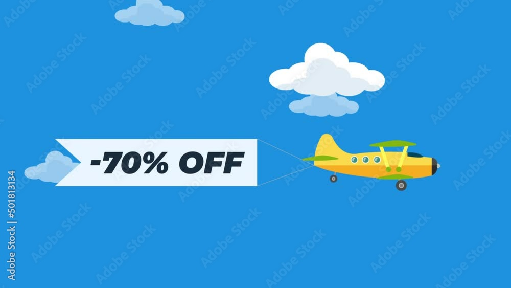 -70% off concept - airplane towing banner with caption in the sky. 4K motion animation -70% off concept - airplane towing banner with caption in the sky. 4K motion animation