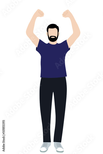 Portrait of a bearded guy with arms raised above his head, flat vector on white background, faceless illustration