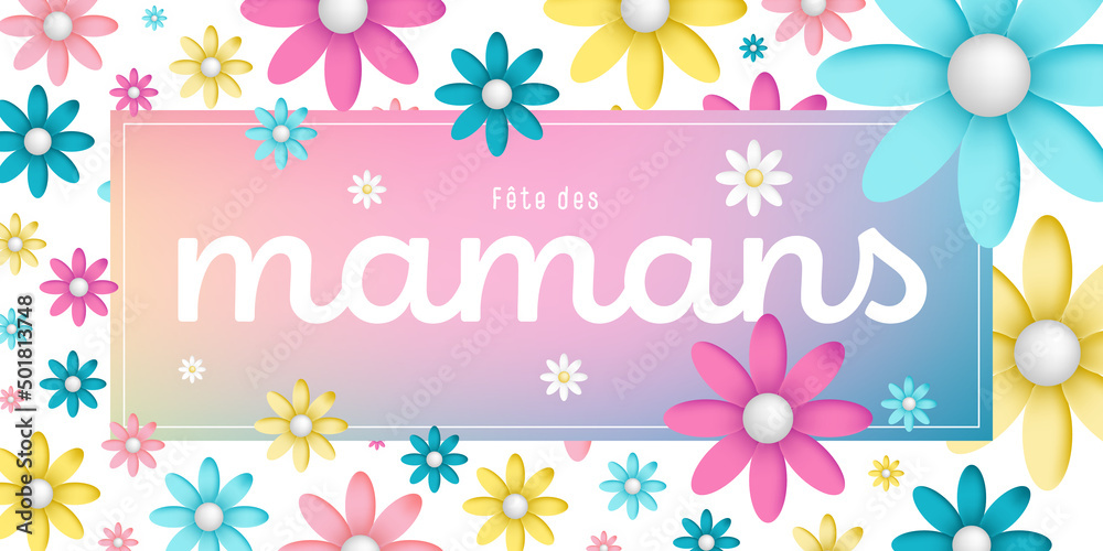 Texte : Fête des Mamans, sur un cadre rectangulaire multi coloré entouré de jolies pâquerettes multi colorées et blanches sur un fond blanc