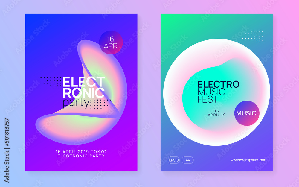 Club Banner. Gradient Pattern For Brochure Shape. Trance And Concert Design. Cool Techno Party. Modern Effect For Invitation. Purple And Turquoise Club Banner