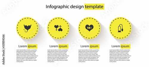 Set Devil heart with horns, Male and female, 18 plus content and Penis pump. Business infographic template. Vector