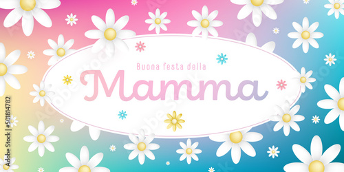 Italian text : Buona festa della Mamma, on an white oval frame with white blossoms on colorful background