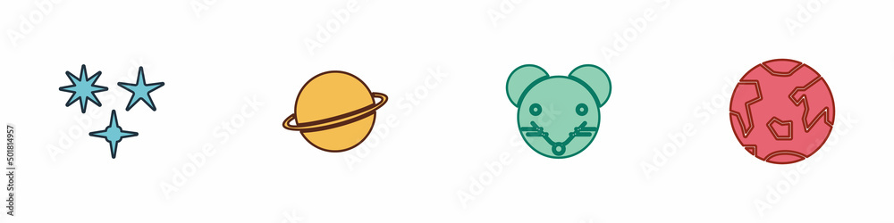 Set Falling star, Planet Saturn, Rat zodiac and Earth icon. Vector Set Falling star, Planet Saturn, Rat zodiac and Earth icon. Vector
