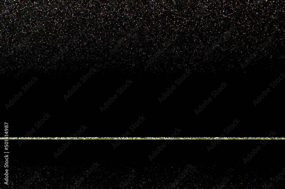 Fototapeta premium Black background with gold and silver sparkles. Stylish festive dark background copy space and glowing bokeh. Gold glitter defocused abstract Twinkly Lights Background.