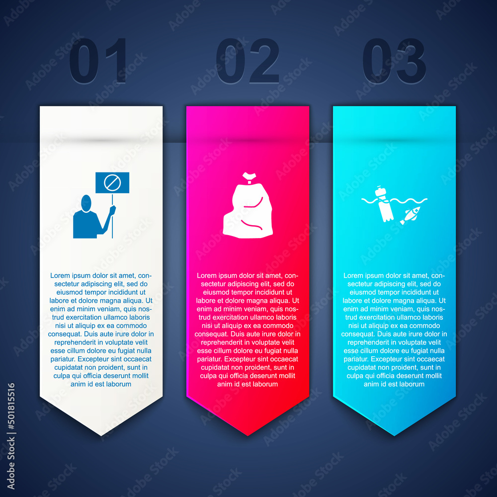 Set Nature saving protest, Garbage bag and Problem pollution of the ocean. Business infographic template. Vector Set Nature saving protest, Garbage bag and Problem pollution of the ocean. Business infographic template. Vector