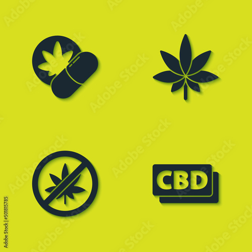 Set Herbal ecstasy tablets, Cannabis molecule, Stop marijuana or cannabis leaf and Marijuana icon. Vector