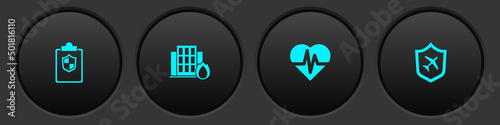 Set Document with shield, Fire in burning house, Health insurance and Plane icon. Vector