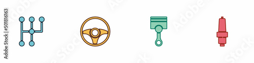 Set Gear shifter, Steering wheel, Engine piston and Car spark plug icon. Vector