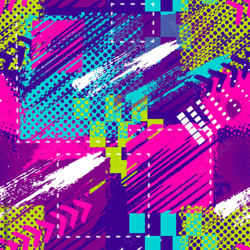 Abstract seamless chaotic pattern with urban geometric elements, scuffed, drops, spots, sprays Grunge neon texture background. Wallpaper for girls
