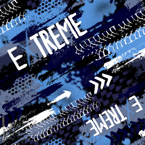 Abstract seamless grunge pattern for boy. Urban style modern background with trace of tire, lightning, dots, stars and spray elements. Drive and speed modern creative wallpaper for guys.