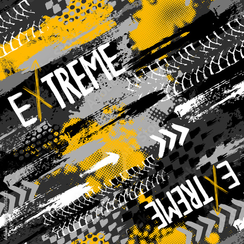 Abstract seamless grunge pattern for boy. Urban style modern background with trace of tire, lightning, dots, stars and spray elements. Drive and speed modern creative wallpaper for guys.