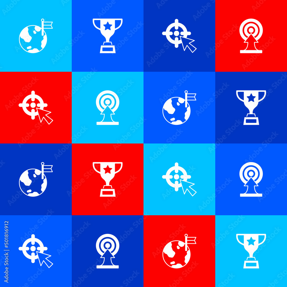 Set Planet with flag, Award cup, Target and arrow icon. Vector Set Planet with flag, Award cup, Target and arrow icon. Vector