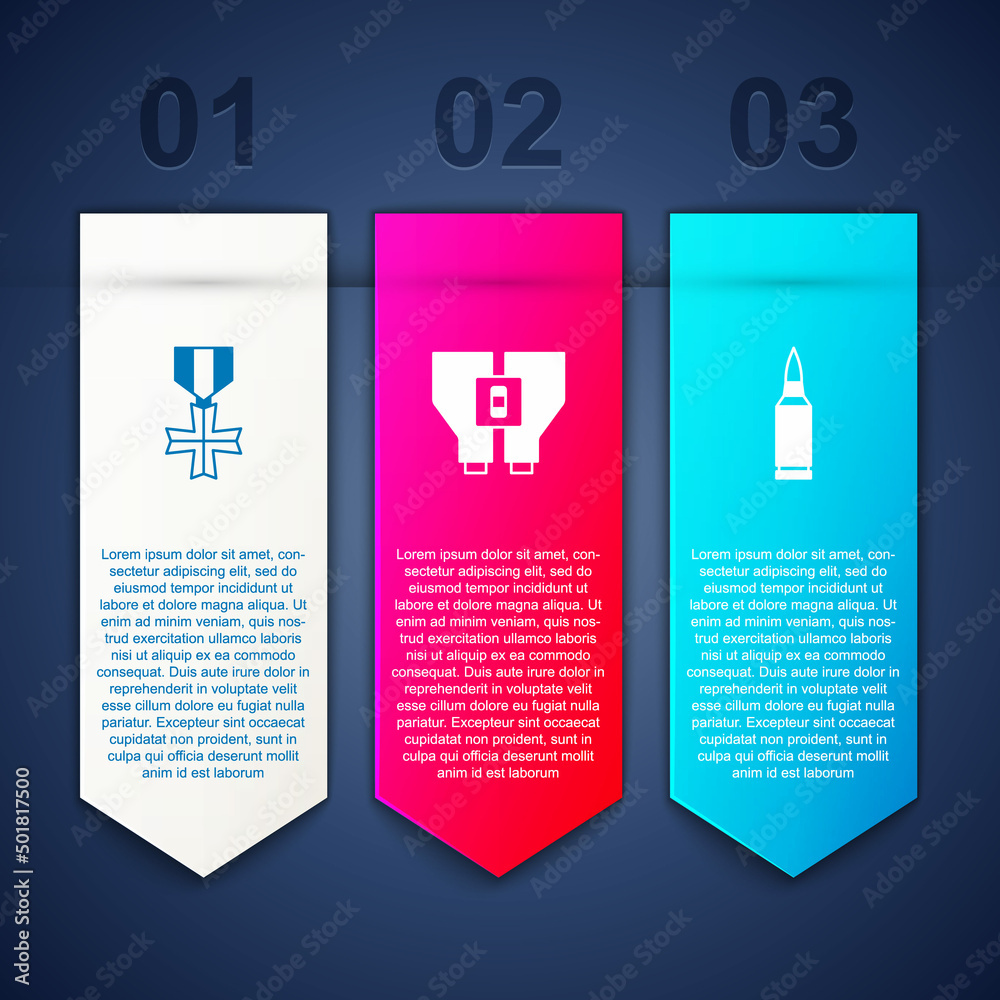 Set Military reward medal, Binoculars and Bullet. Business infographic template. Vector Set Military reward medal, Binoculars and Bullet. Business infographic template. Vector