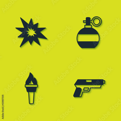 Set Bomb explosion, Pistol or gun, Torch flame and Hand grenade icon. Vector