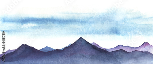 Silhouette of pointed rocky peaks. Layering dark mountain ranges. Himalayan ridge against blue sky. Hand drawn watercolor landscape. Colorful background painting. Nature illustration on textured paper