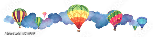 Bright multi-colored hot air balloons basket among blue clouds. Elongated border decorative element. Hand painted watercolor illustration. Colorful light cartoon drawing isolated on white background