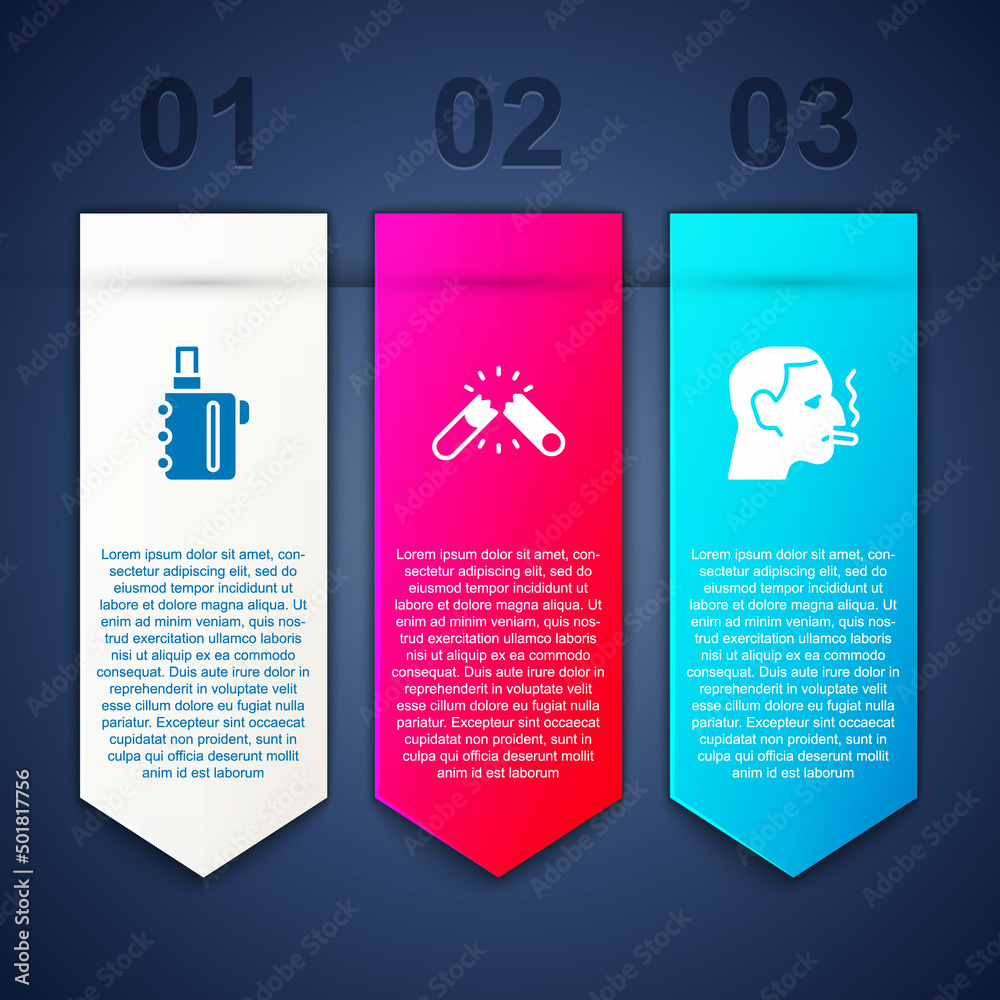 Set Electronic cigarette, Broken and Man smoking. Business infographic template. Vector Set Electronic cigarette, Broken and Man smoking. Business infographic template. Vector