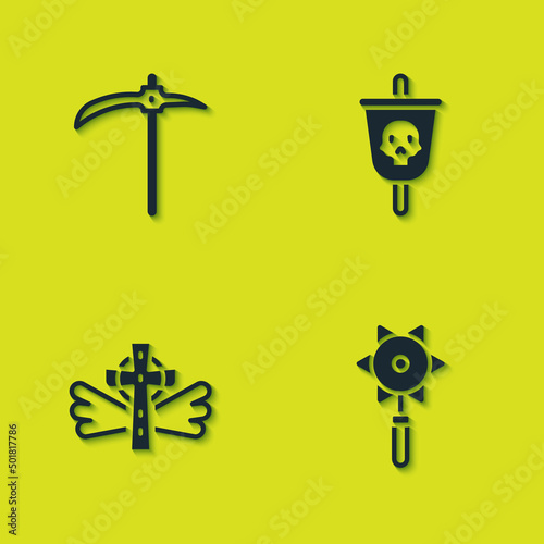 Set Pickaxe, Medieval chained mace ball, Christian cross and Pirate flag icon. Vector