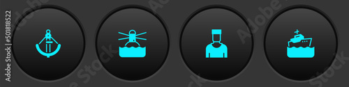 Set Anchor, Lighthouse, Sailor captain and Cruise ship icon. Vector
