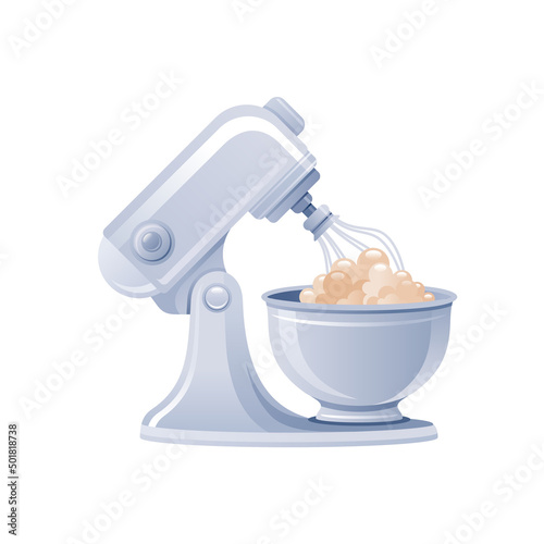 Kitchen mixer. Vector food bowl blender illustration. Stand electric kitchen mixer. 3d Mixing machine aid icon. Cooking mix smoothie blender. Isolated logo. Cartoon bakery and juicer flat chef cake
