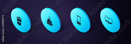 Set Isometric Open book, Old hourglass, Gives lecture and Coffee cup to go icon. Vector